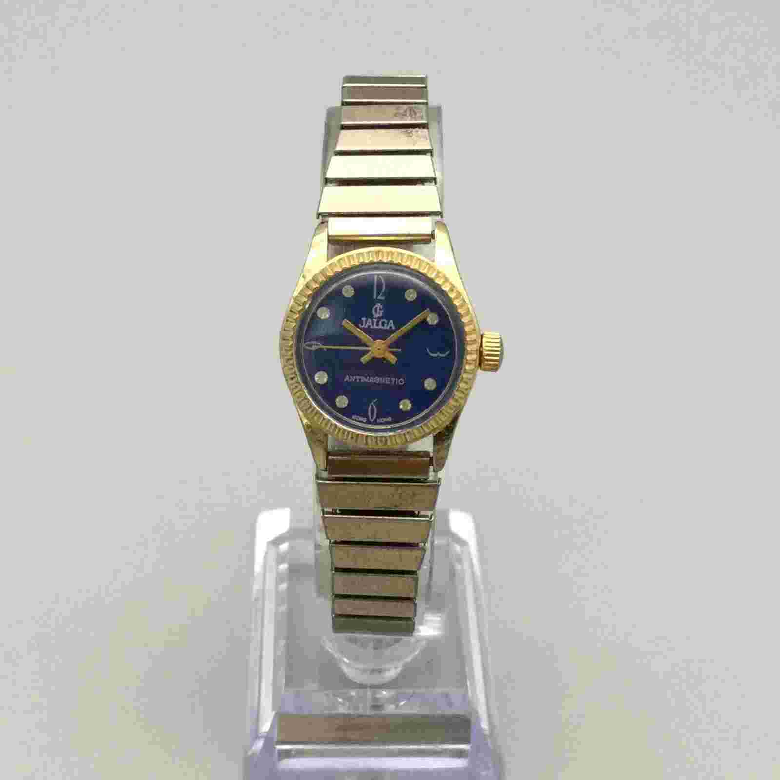 Vintage Jalga Watch Women 23mm Gold Tone Blue Dial Stretch Band Manual Wind