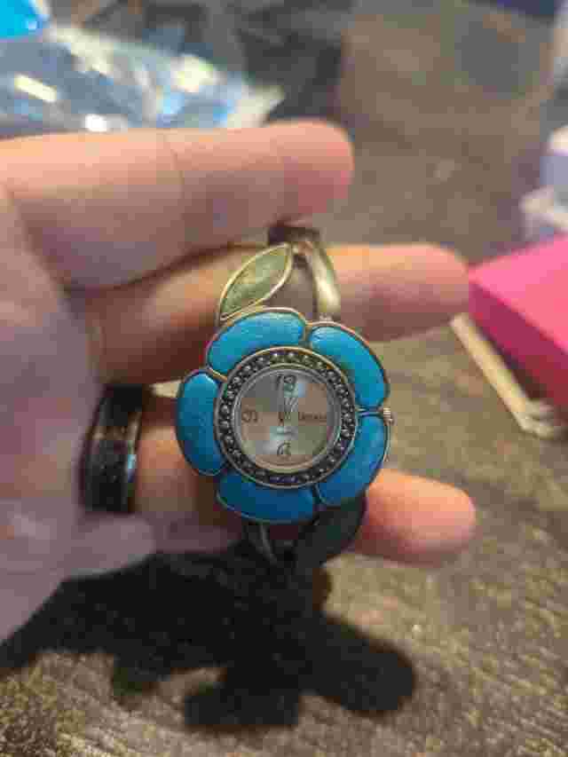 Decree Flower Watch Women 33mm Silver Tone Hinged Cuff 6.75"