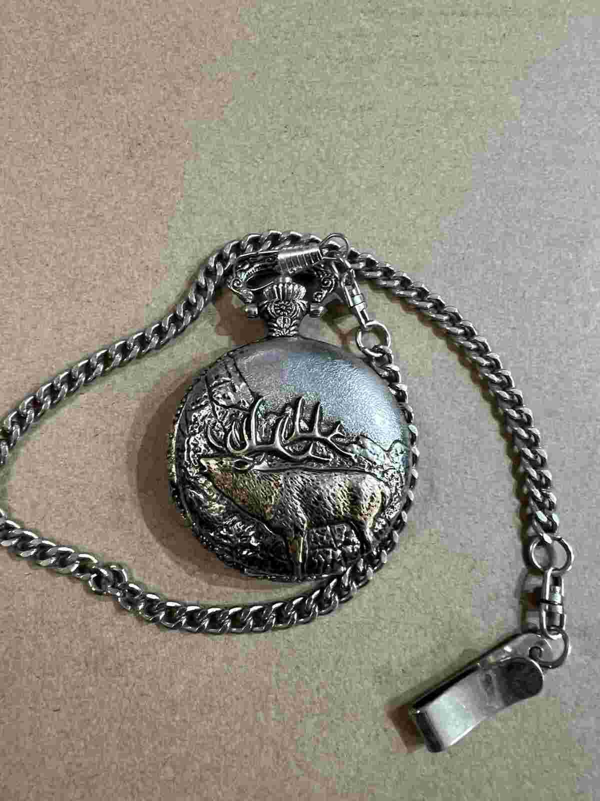 Affinity Men's Silver Pocket watch With Moose And 15” Chain Working  P-5