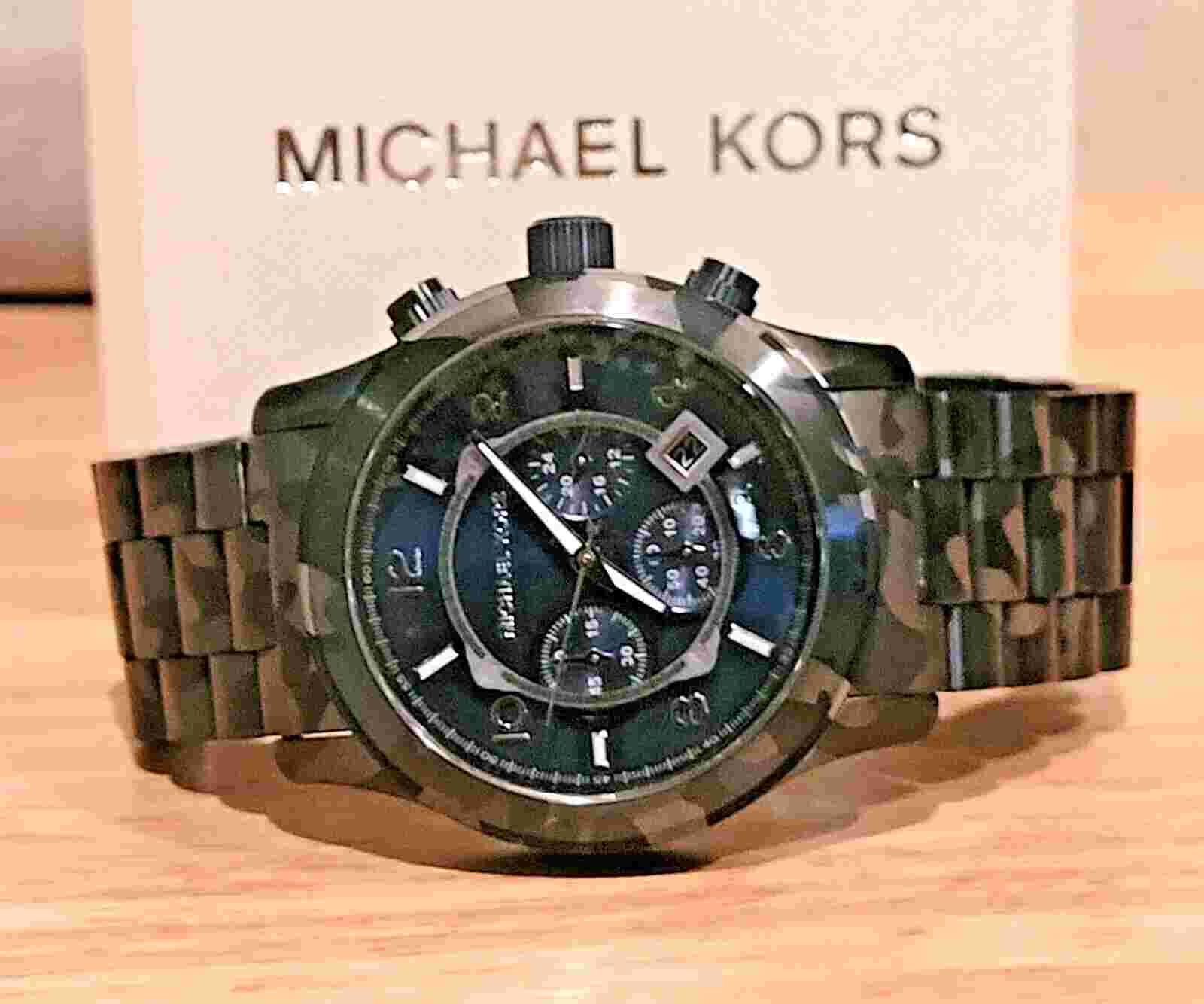 New Michael Kors Men's Chronograph Runway Blue Camouflage Stainless Steel Watch
