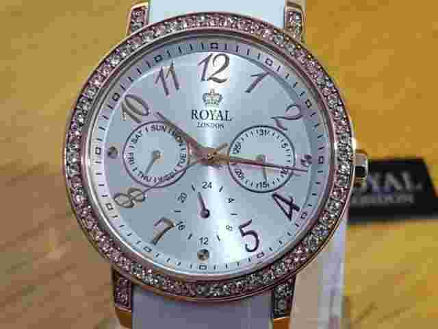 Ladies White Comfy-Wear Rose Gold Royal London Embellished Date Watch  BNIB