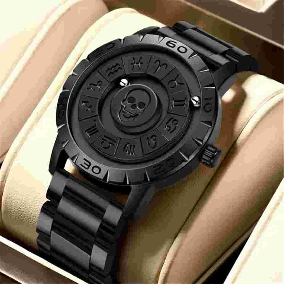 FOXBOX Men Black Watch Mirrorless Magnetic Bead Constellation Steel Wristwatch