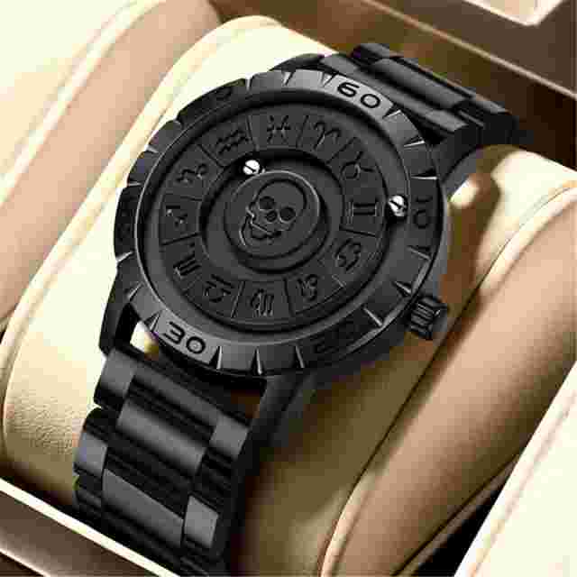 FOXBOX Men Black Watch Mirrorless Magnetic Bead Constellation Steel Wristwatch