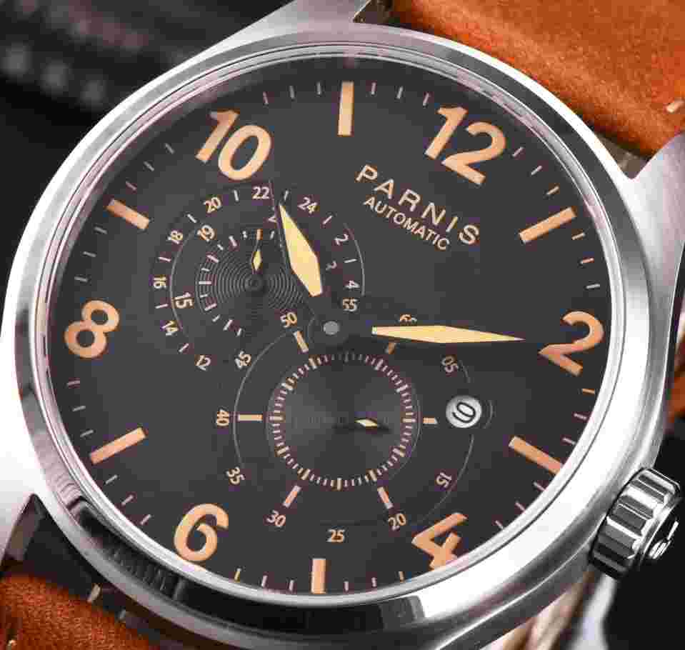 New Parnis 43mm Black dial sapphire glass 21 Jewels miyota automatic mens watch