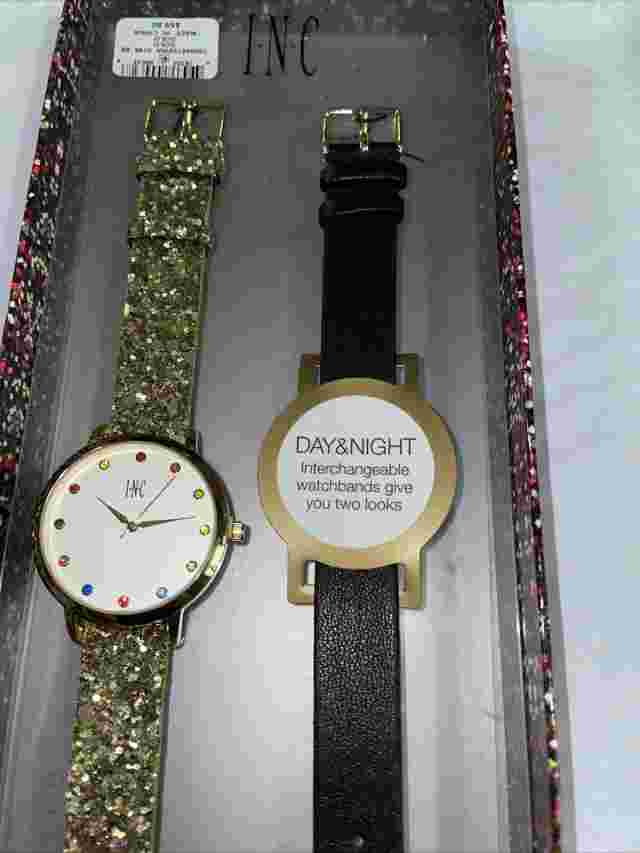 INC Women's Glitter Faux Leather Strap Watch 36mm Interchangeable Strap Gift Box