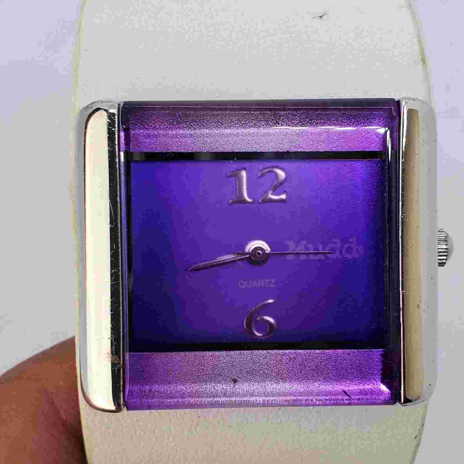 Woman's Mudd Watch 30MM Gray Tone Purple Dial White Leather Band New Battery