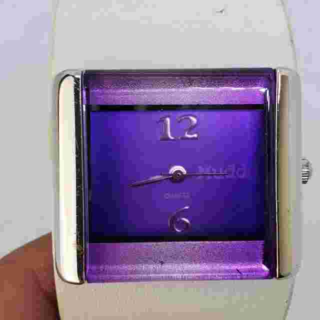 Woman's Mudd Watch 30MM Gray Tone Purple Dial White Leather Band New Battery