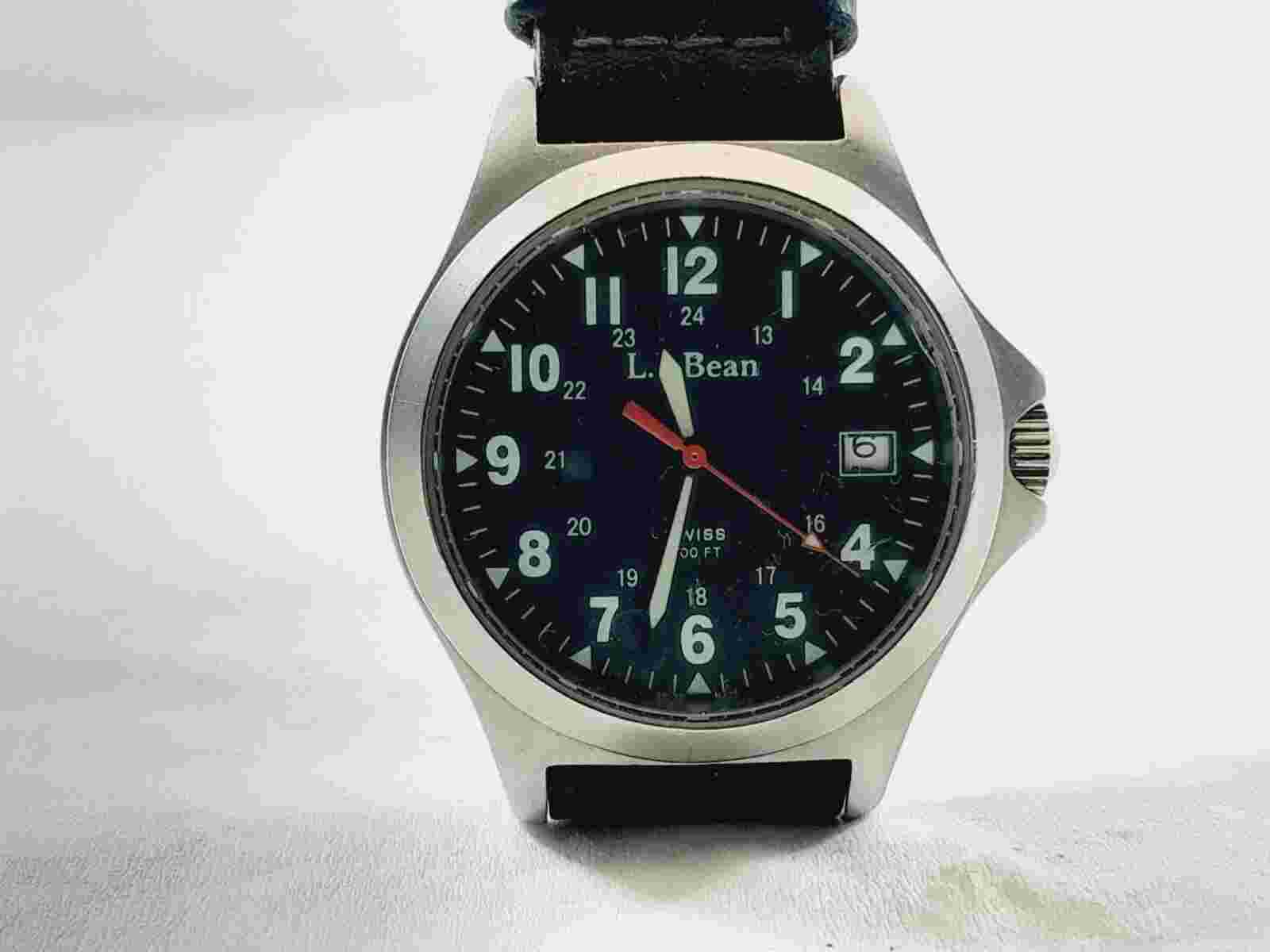 L.L.BEAN BLACK DIAL SWISS 300FT QUARTEZ WATCH WITH LEATHER STRAP
