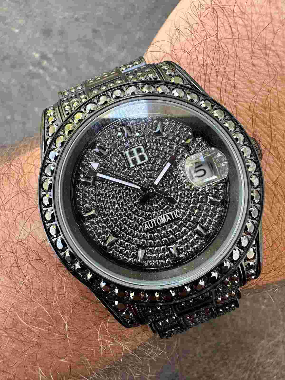 15ct Black MOISSANITE Mens Presidential Watch Iced Bust Down Hip Hop