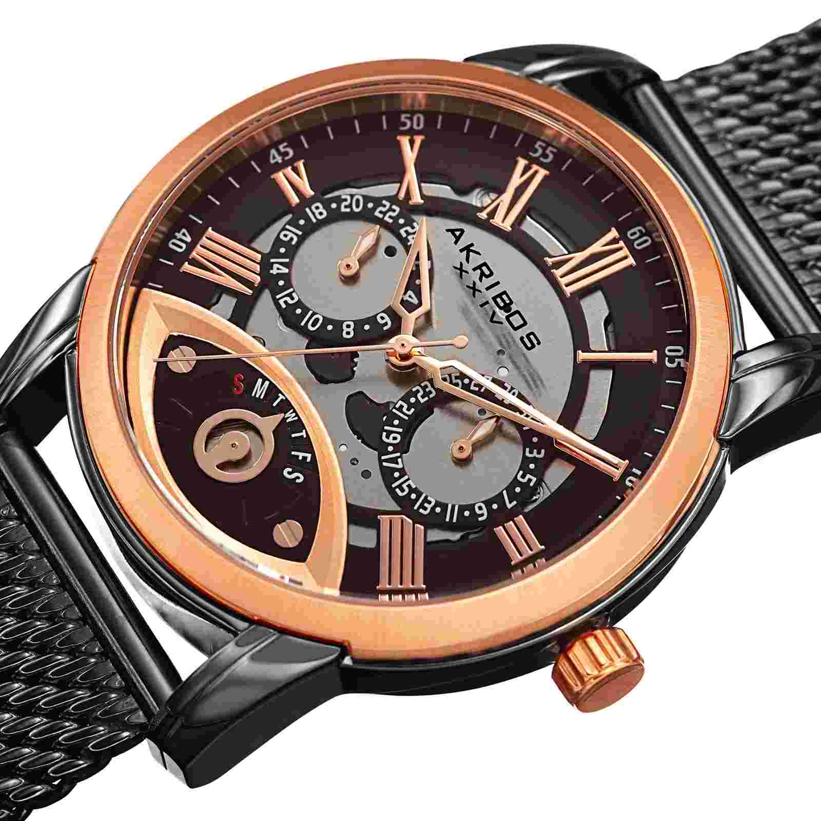 New Men's Akribos XXIV AK846BKR Rose-tone & Black Retrograde Mesh Bracelet Watch