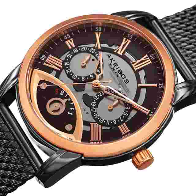 New Men's Akribos XXIV AK846BKR Rose-tone & Black Retrograde Mesh Bracelet Watch