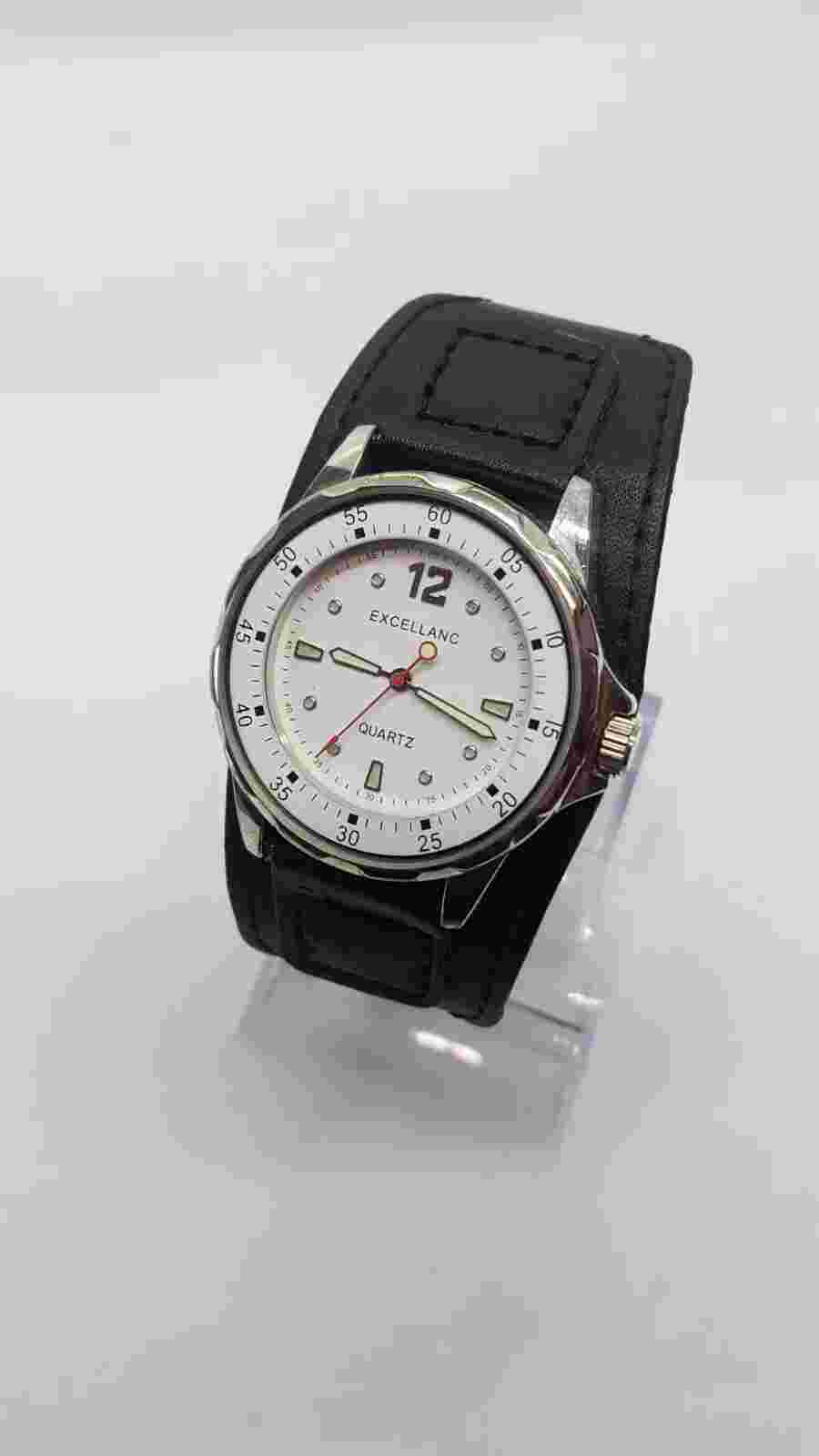 Excellanc Sports Simple White and Silver watch placed on large black cuff strap