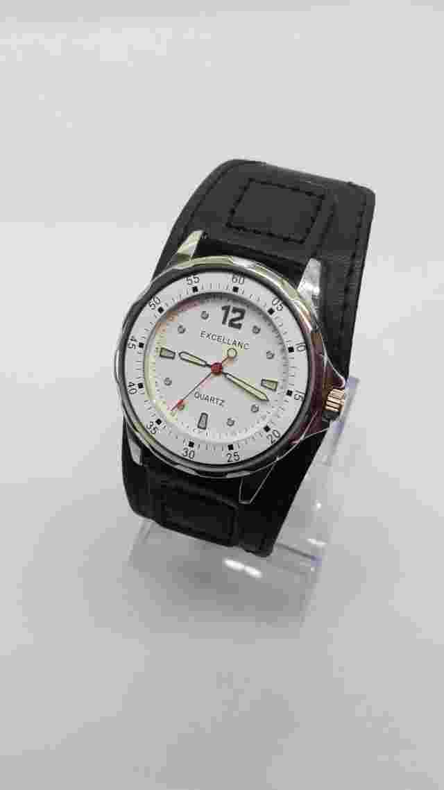 Excellanc Sports Simple White and Silver watch placed on large black cuff strap