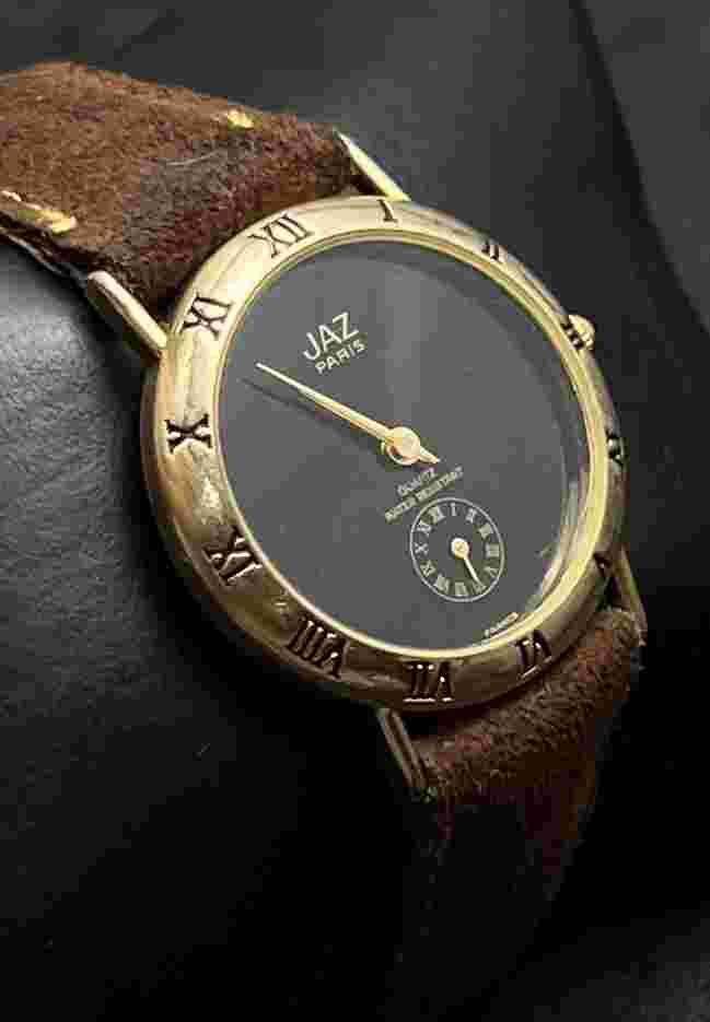 Vintage JAZ Paris Men’s 32mm Sub Second Quartz Watch Gold Black Dial Brown Suede