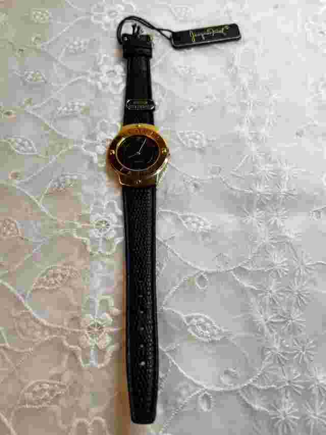 Vintage Jacques Farel Gold Toned Case Black Dial Leather Band EE