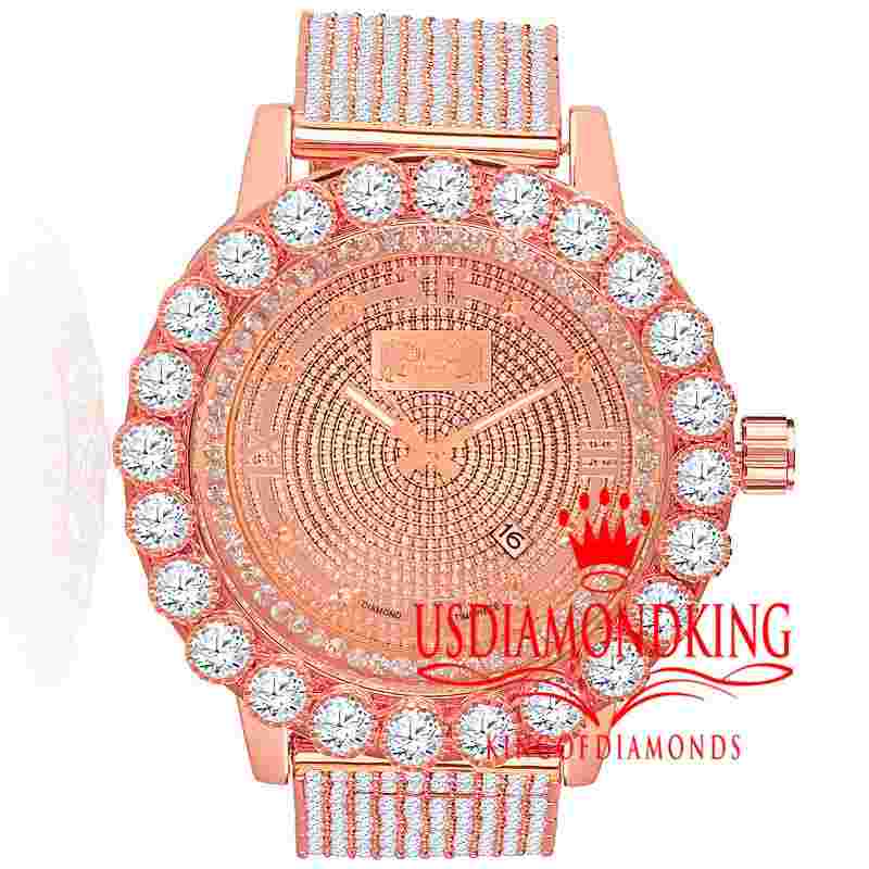 Mens Roman Face Rose Gold Tone Watch Solitaire Custom Band Real Diamond