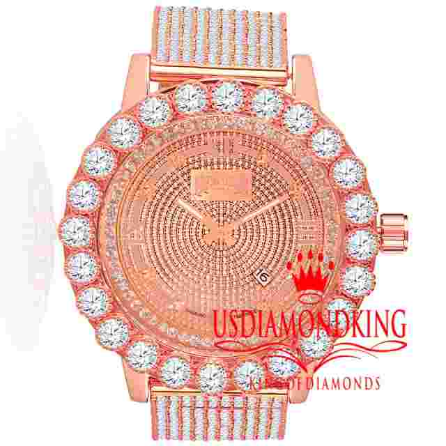 Mens Roman Face Rose Gold Tone Watch Solitaire Custom Band Real Diamond