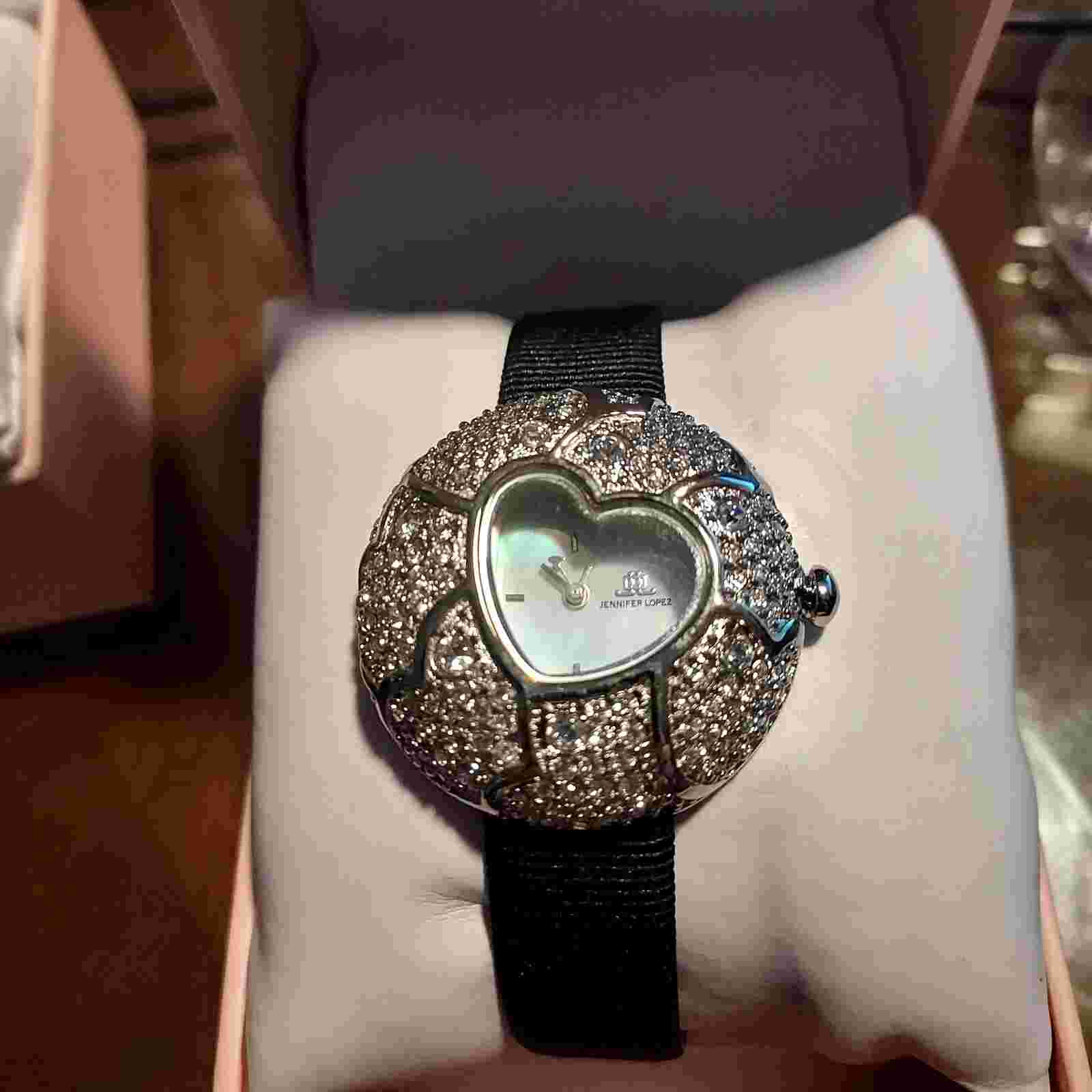 JLo by Jennifer Lopez JL/2633WMBK Silver Heart Crystal Black Band Women's Watch
