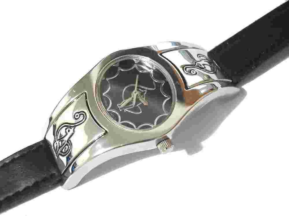 Silver Tone Metal Case Black Leather Band Baby Phat Ladies Watch