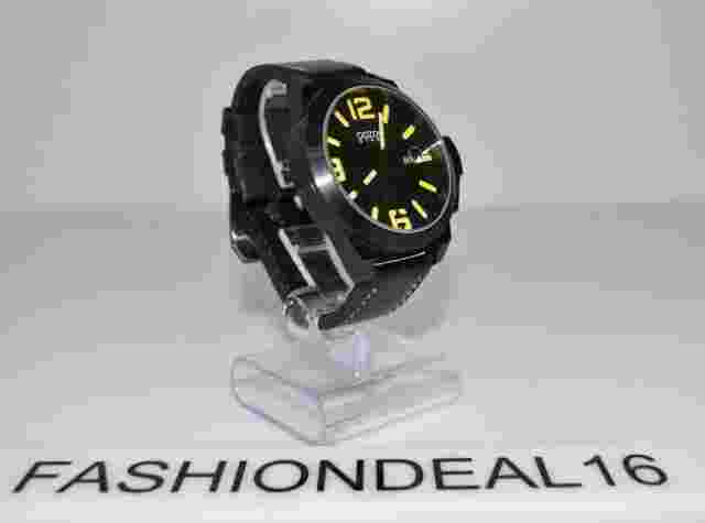 Oozoo Authentic Black Leather Black SS Yellow Oversized $270 Watch