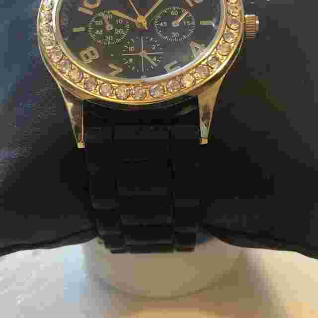 NWOT Woman's Darice Black Silicone Rhinestone Fashion Watch Gold Color Trim