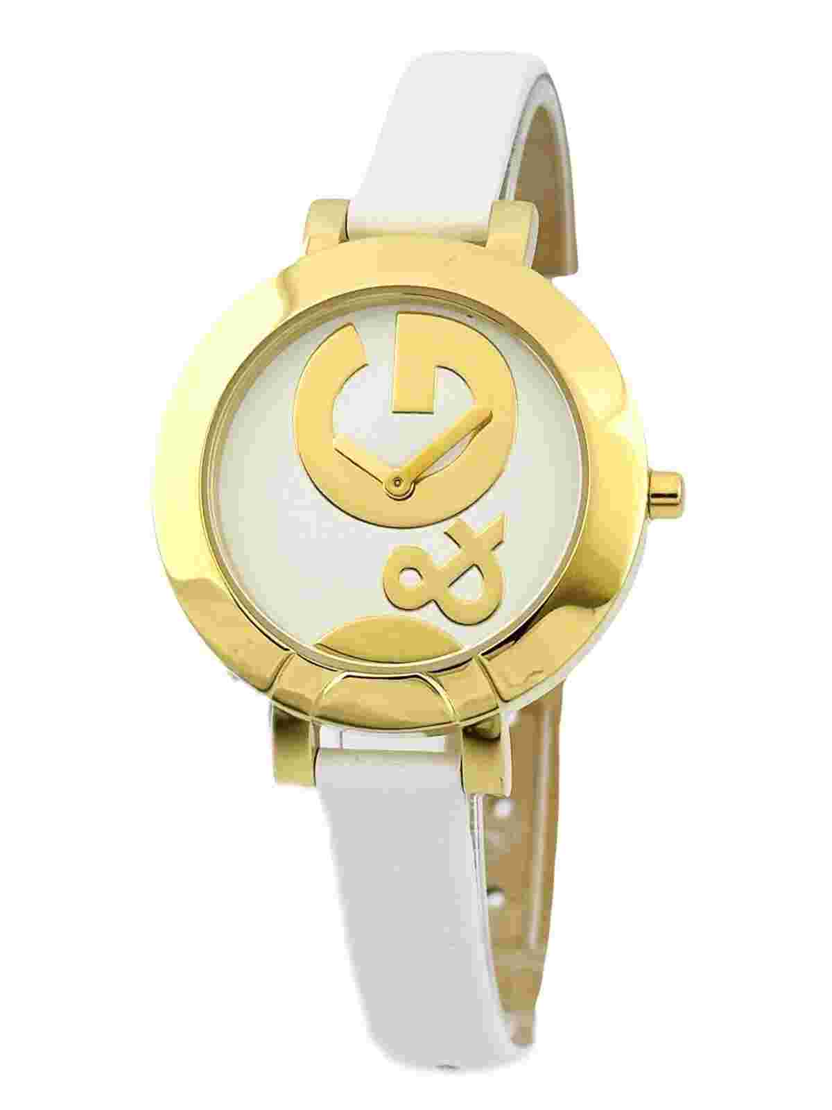 D&G Women's DW0523 Hoop-La PVD Golden Case White Leather Strap Watch