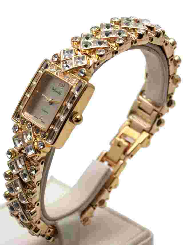 INFINITY: WOMEN'S GOLD FINISH FULL RHINESTONES SQUARE CASE  LINKS ANALOGE WATCH