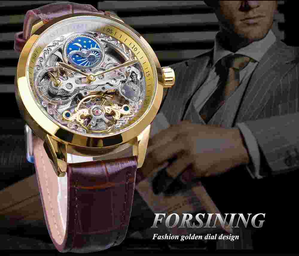 Forsining Men Tourbillon Moon Phase Watches Luxury Carved Skeleton Wristwatch