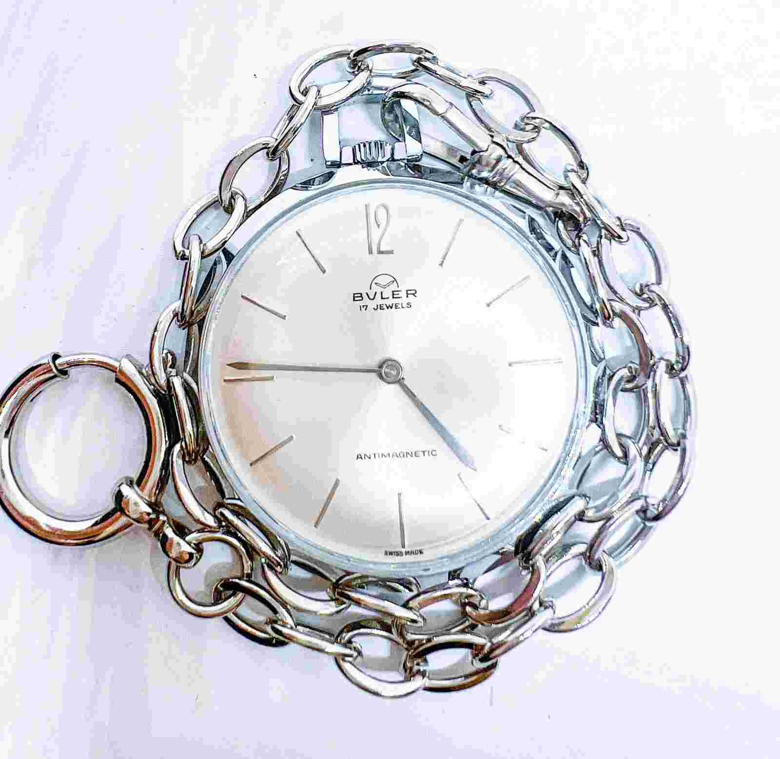 Swiss Buler 17 Jewels Antimagnetic Mechanical Wind Up Pocket Watch 42mm W Chain