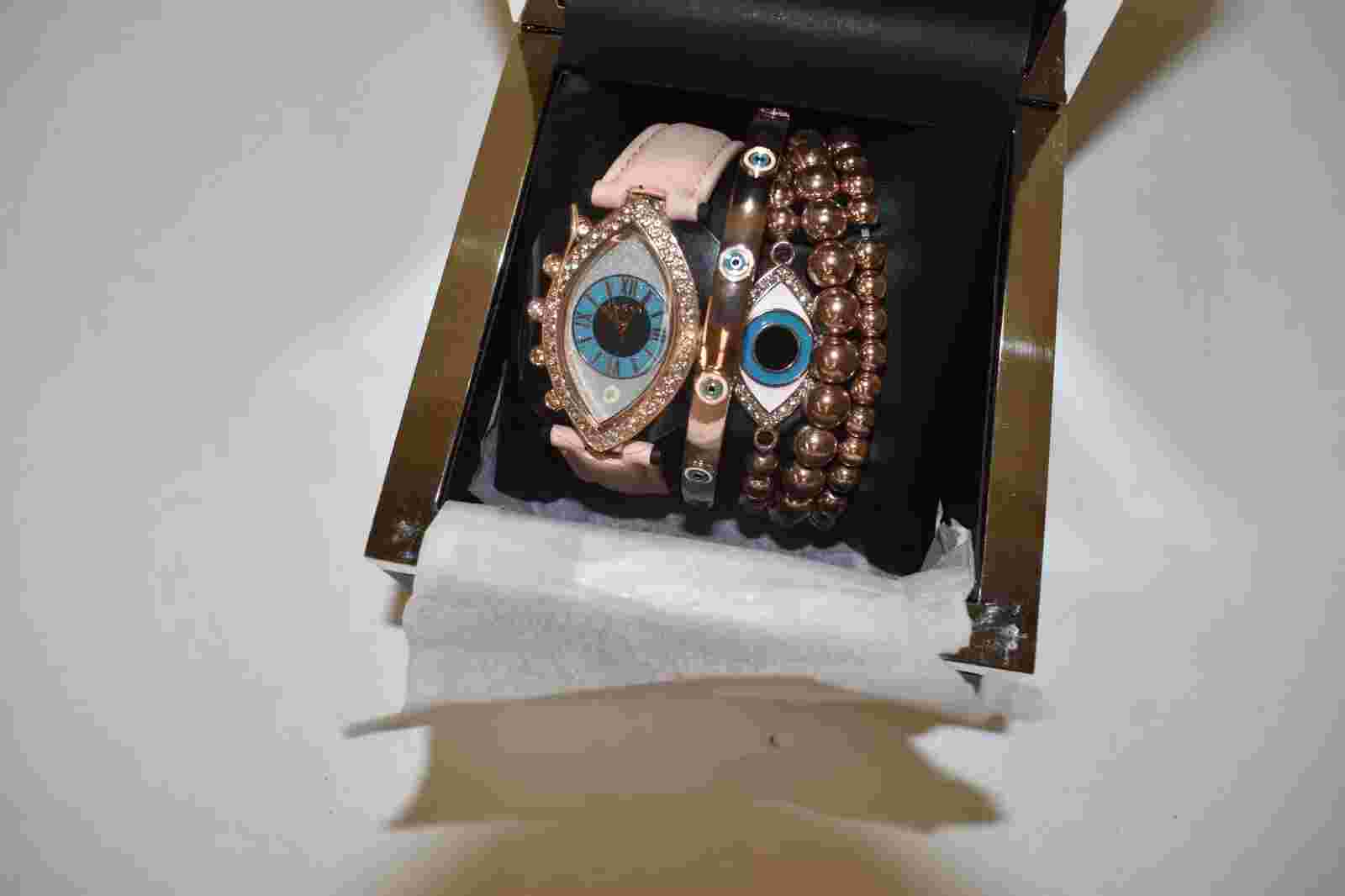 Bebe Watch Set Women Gold Tone Evil Eye Pink Band New in Box