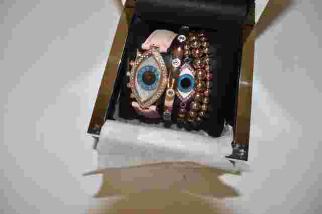 Bebe Watch Set Women Gold Tone Evil Eye Pink Band New in Box