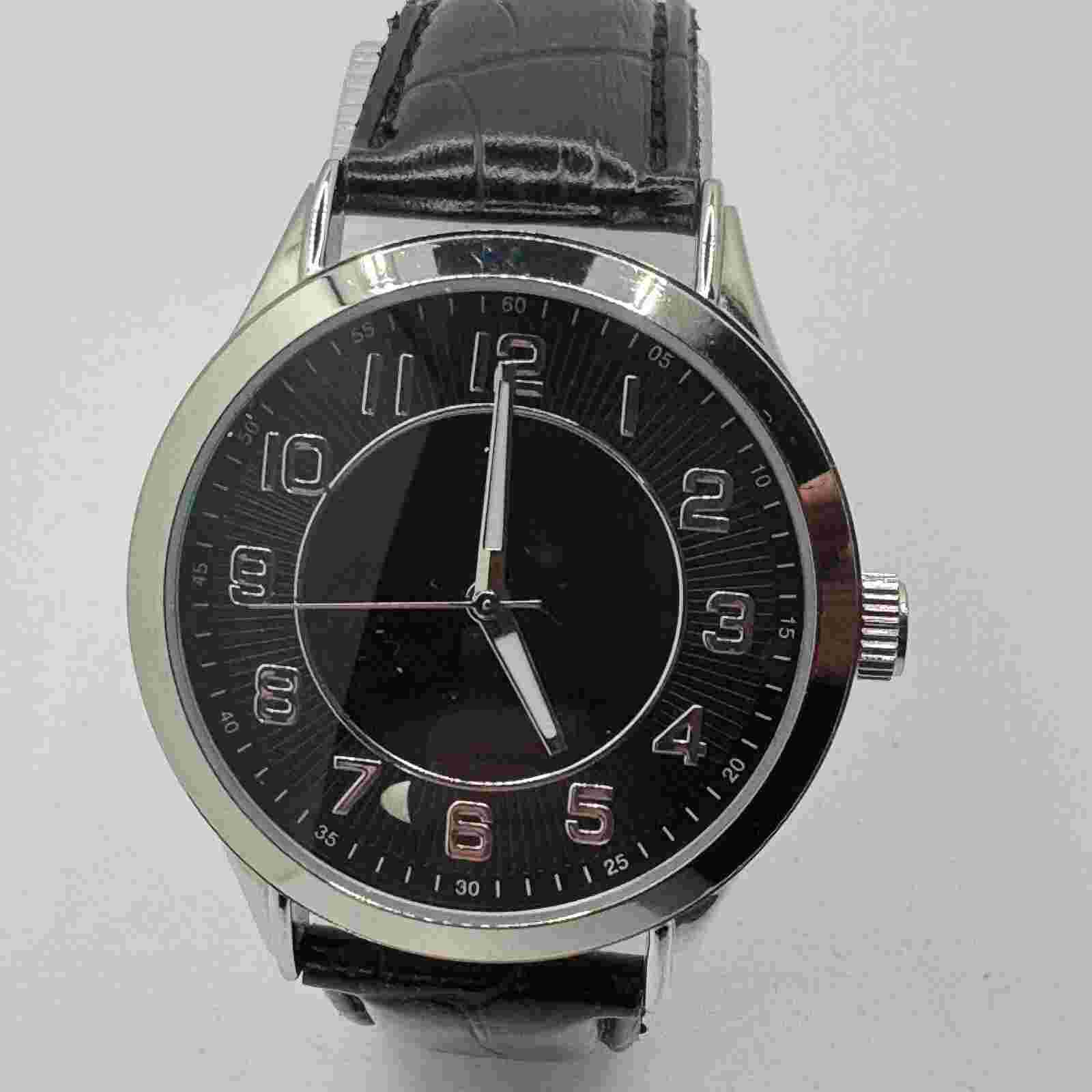 Merona Quartz Watch Men Silver Black Faux Leather Japan Movt Analog New Battery