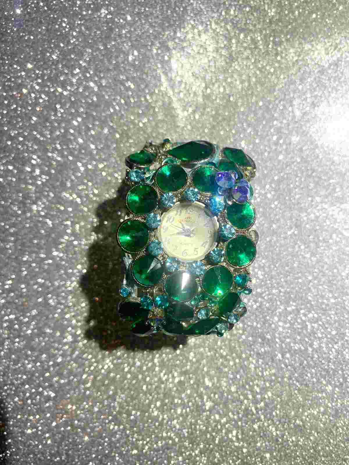 Blinged out Denacci Bangle Bracelet Quartz Watch Green Stone Flower W/Butterfly