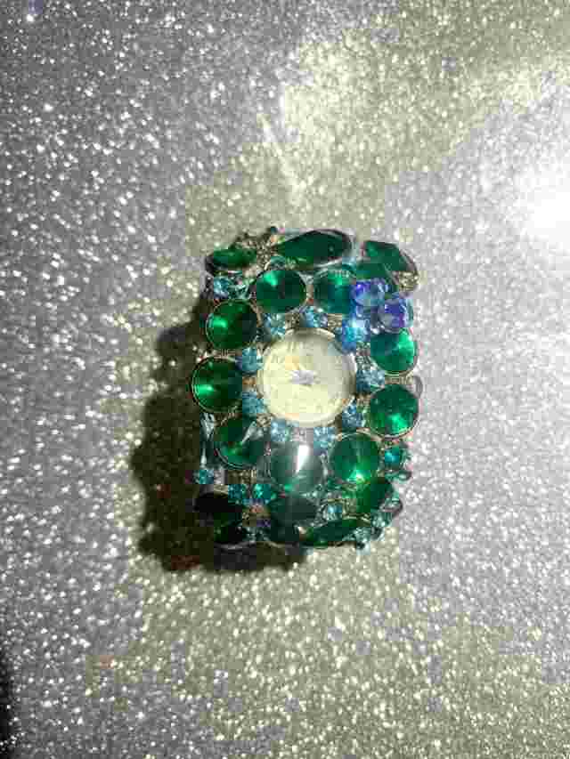 Blinged out Denacci Bangle Bracelet Quartz Watch Green Stone Flower W/Butterfly