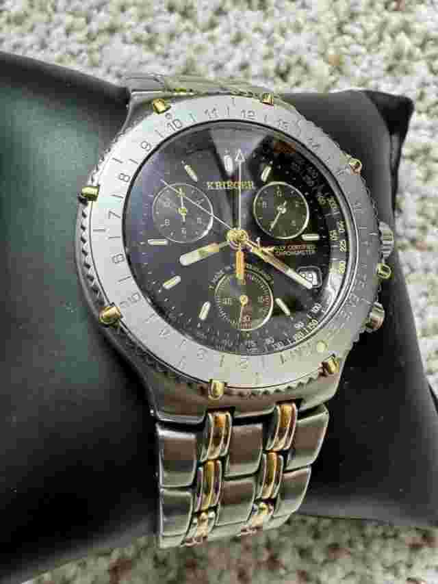 Krieger 18k Gold Stainless Steel Chronometer 40mm Swiss Quartz Black Dial Rare