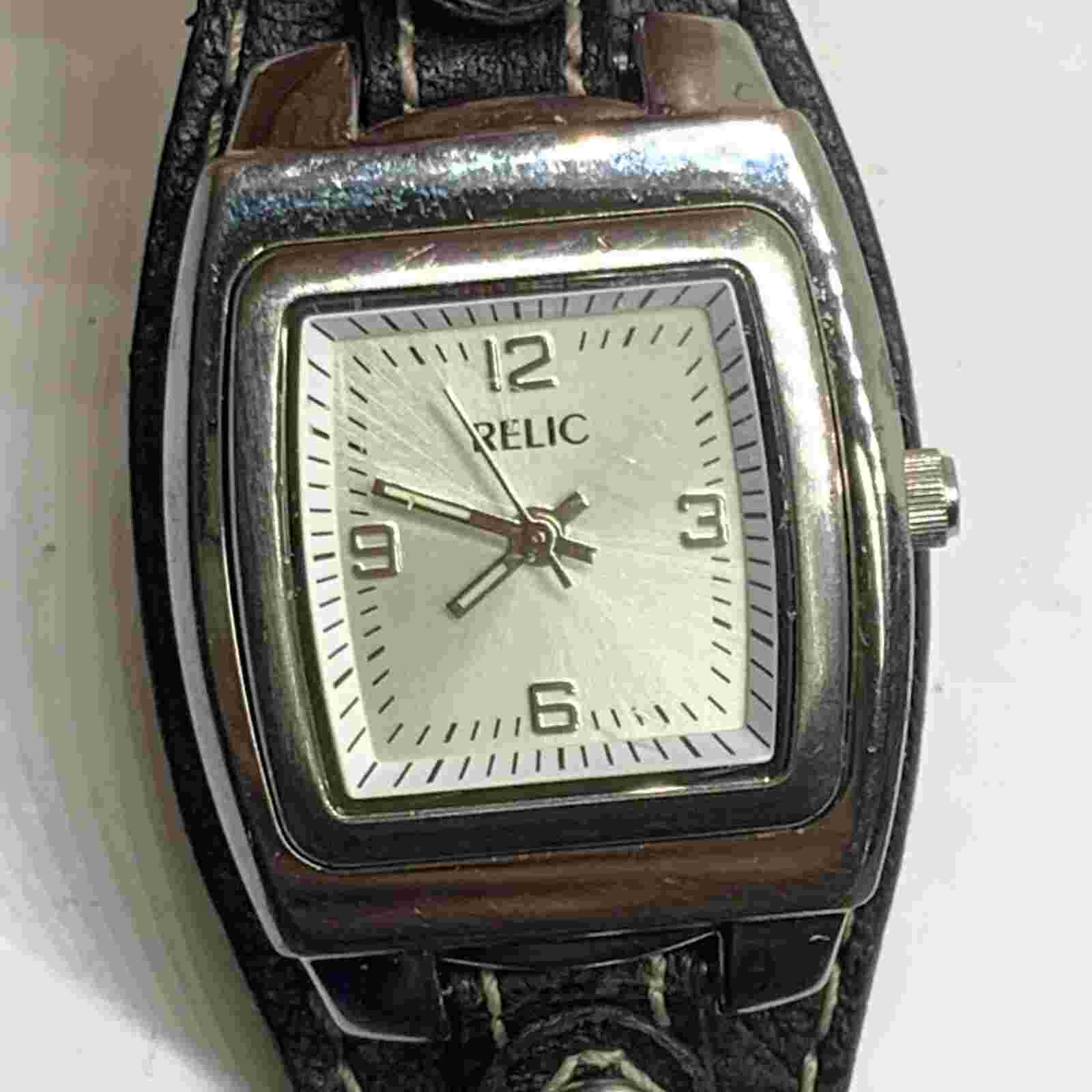 Relic women’s quartz analog watch silver tone 26mm case black leather band runs
