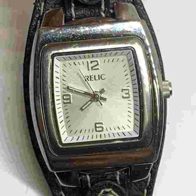 Relic women’s quartz analog watch silver tone 26mm case black leather band runs