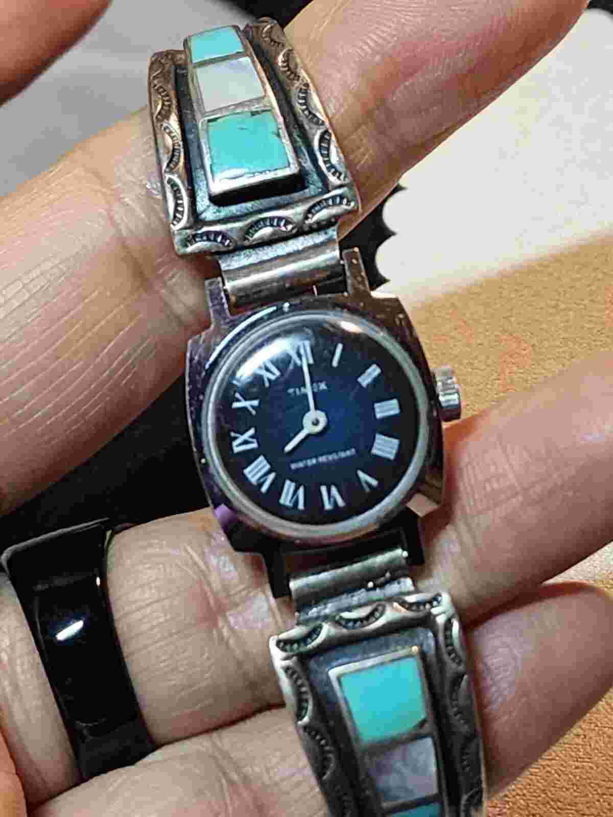 2  ANTIQUE WATCHES COMBO,1 sterling NAVAJO WATCH AND 1 SILVER SPOON ,NEED BATRIS