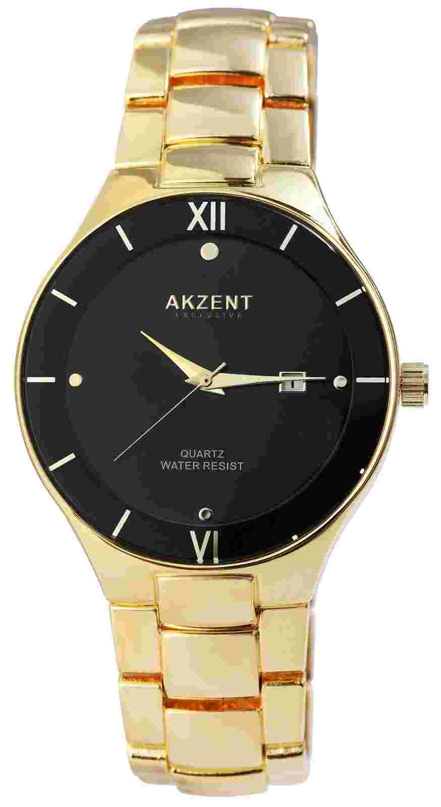 Elegant Accent Men's Watch Black Gold Date Analog Metal Strap Men