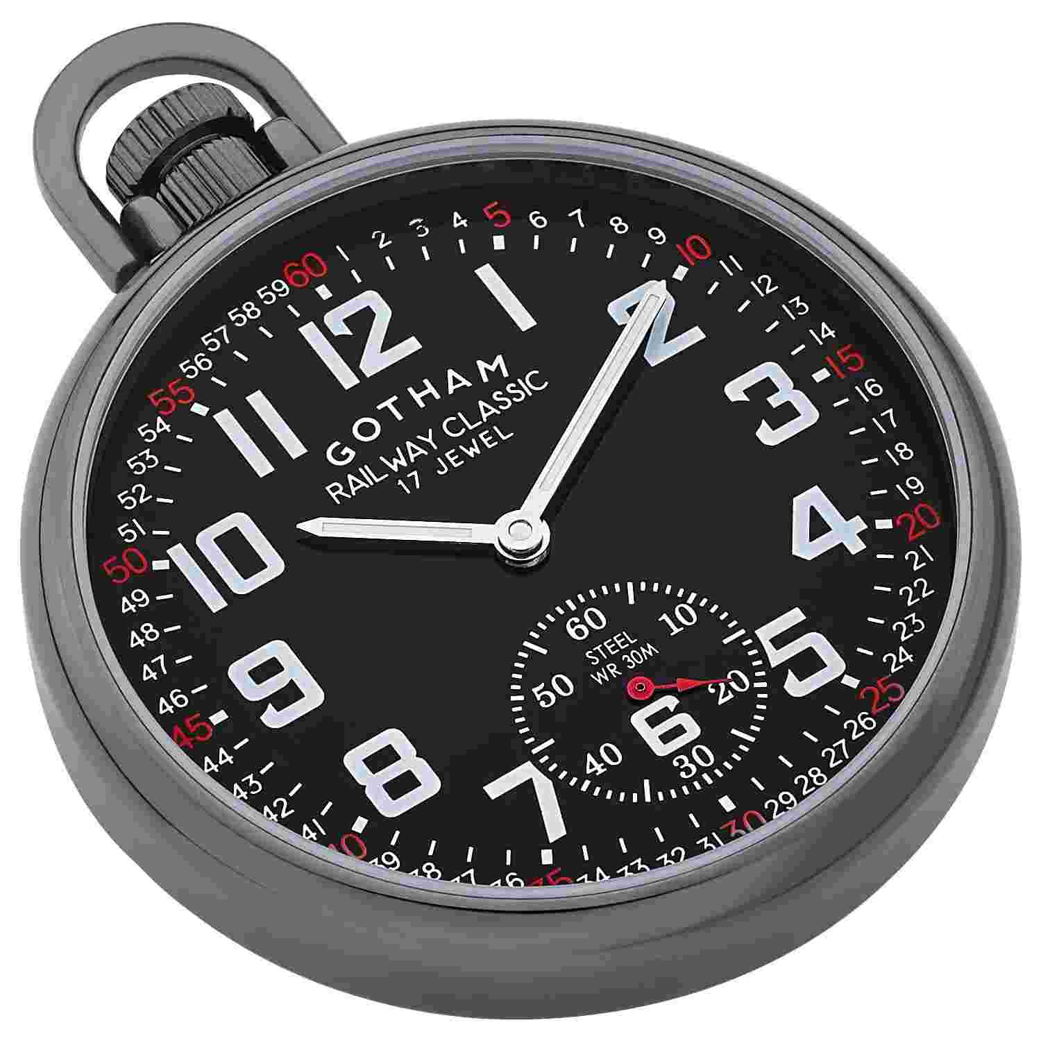 Gotham Men's Gun-plated Stainless Steel Mechanical Railroad Pocket Watch