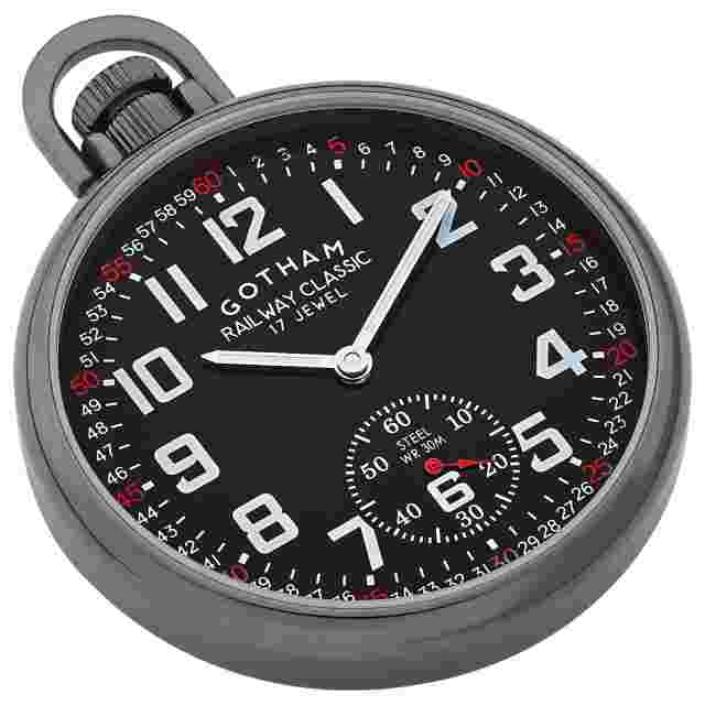 Gotham Men's Gun-plated Stainless Steel Mechanical Railroad Pocket Watch