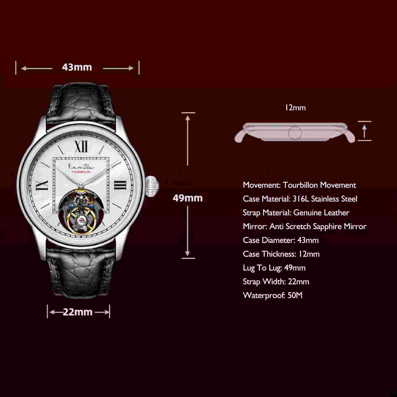 MERKUR Men Tourbillon Watch 43mm Luxury Mechanical Wristwatch Roman Indexs