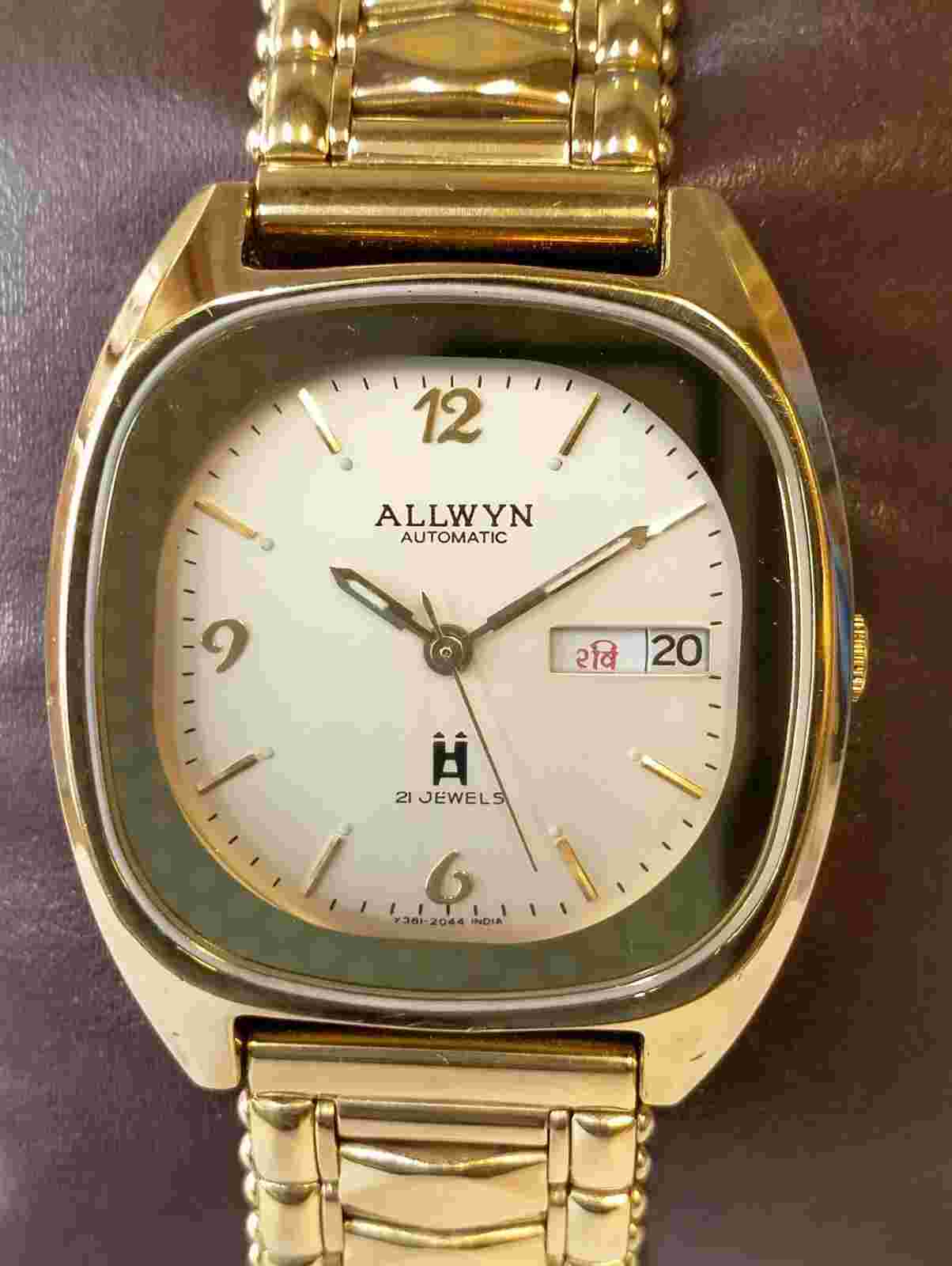 ORIGINAL ALLWYN 21J AUTOMATIC NOS CREAM DIAL Y381-5050 INDIA MEN'S FULL WORKING