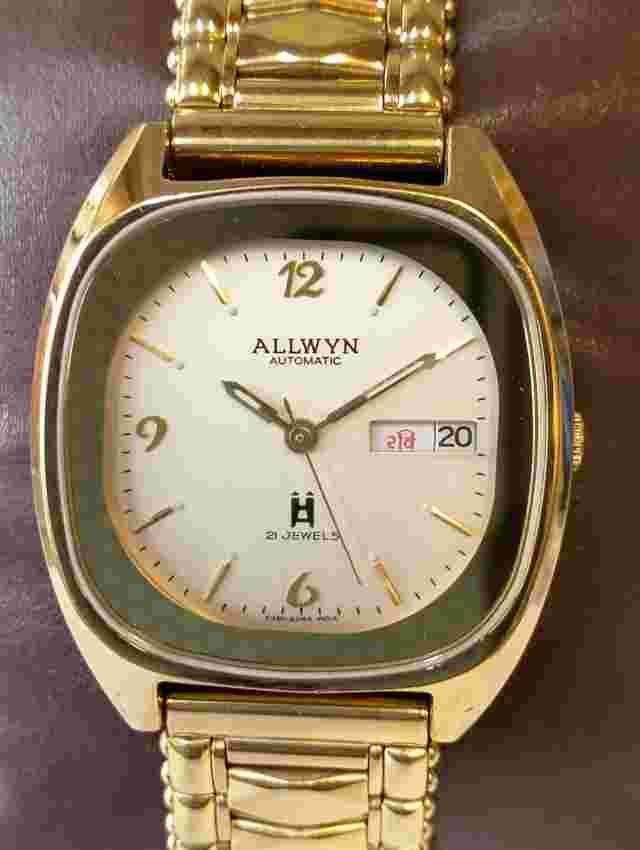 ORIGINAL ALLWYN 21J AUTOMATIC NOS CREAM DIAL Y381-5050 INDIA MEN'S FULL WORKING