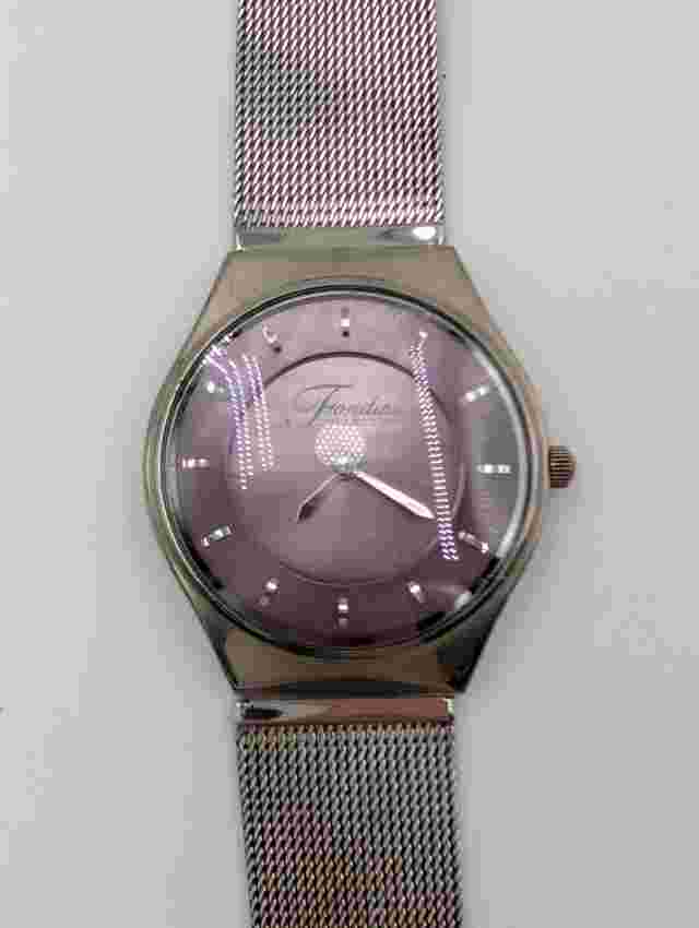 Vtg. Fondini Watch Quartz Silver Band/Case, Purple Face - Dead Battery/Untested!