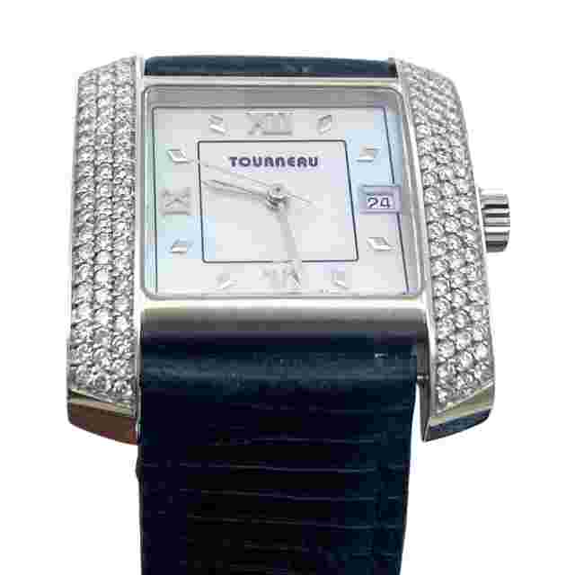Tourneau Ladies 18k White Gold  tank watch with diamond bezel and MOP dial