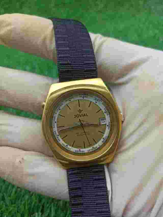 Rare Vintage Jovial GMT Automatic 25 Jewels Watch Golden Textured Dial 70s Men