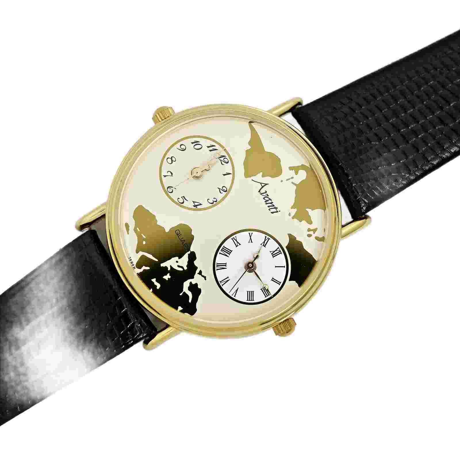 Avanti Dual Time Traveler Gold Plated Vintage Watch Black Strap 34mm