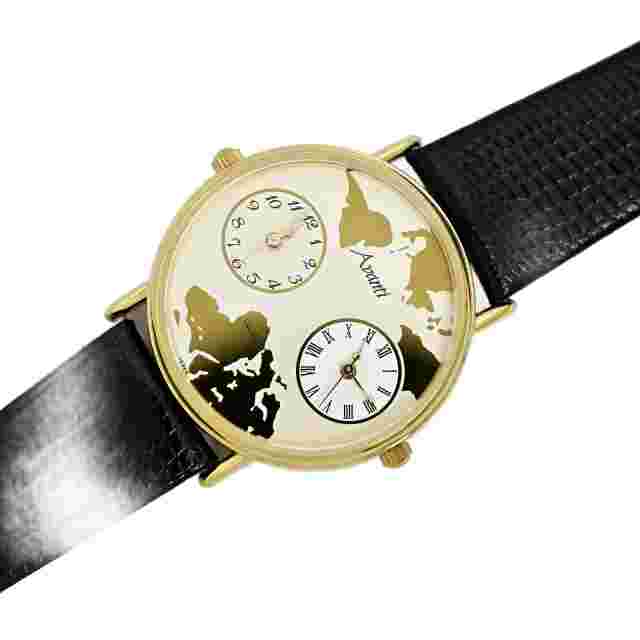 Avanti Dual Time Traveler Gold Plated Vintage Watch Black Strap 34mm