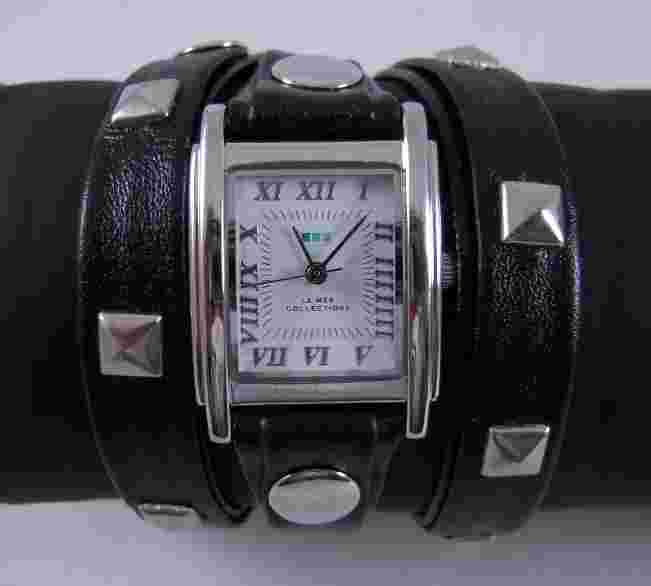 LA MER Watch Silver- Pyramid Stud Leather Wrap Watch